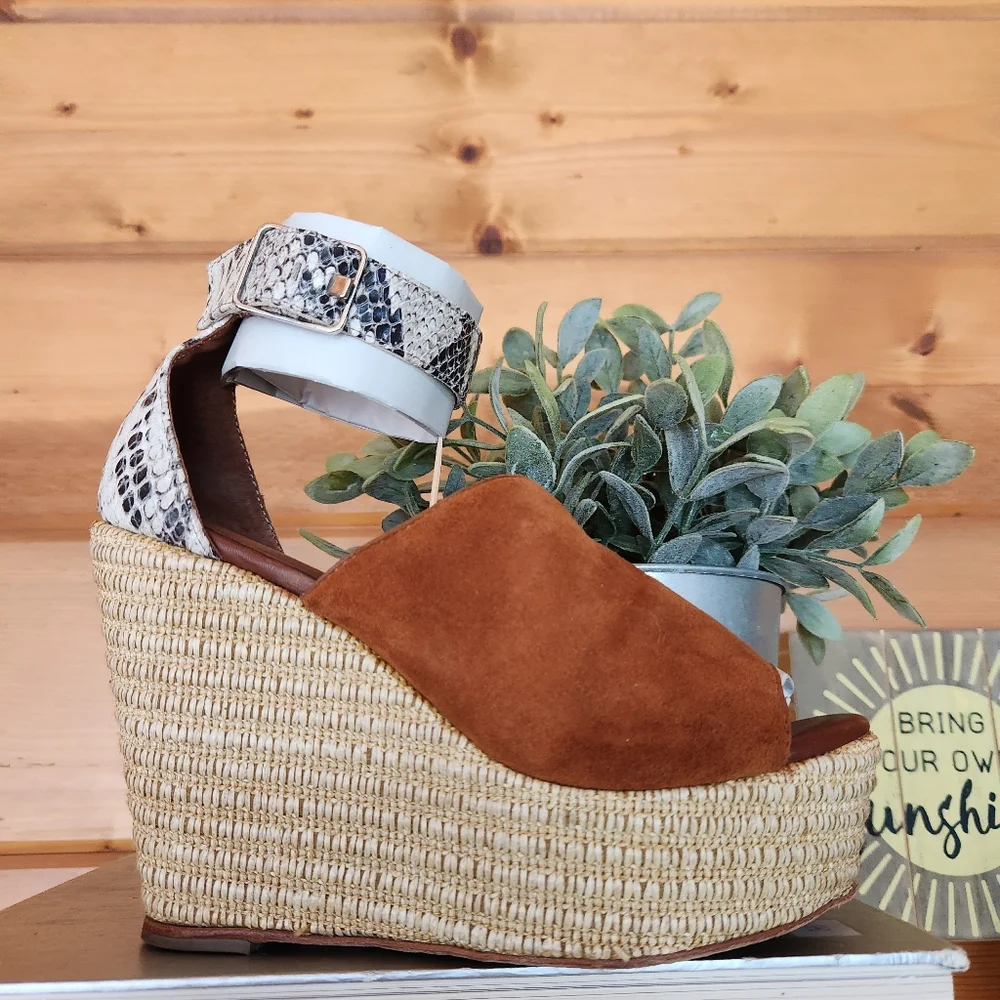 Matt Bernson Leather Platform Wedge Sandals Snake Espadrille Open Toe Heel Sz 6B